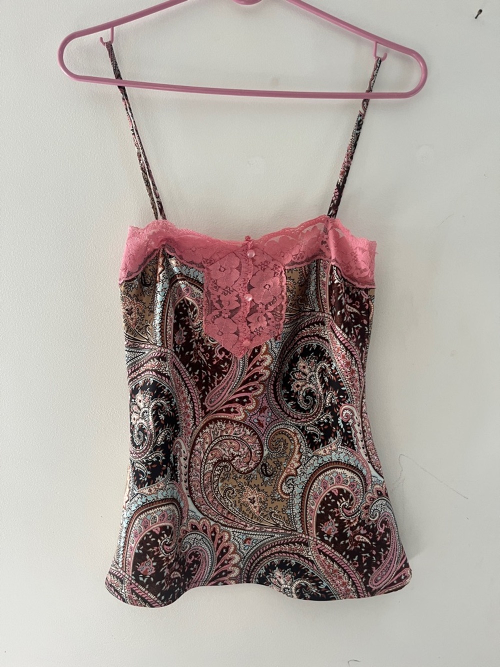 Y2K Forever 21 Pink Paisley Lace-Trim Cami Sz medium vintage made in USA